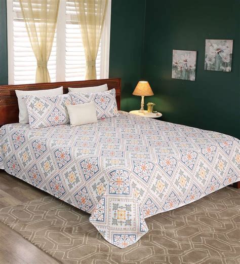 Buy Multicolor Geometric Tc Cotton King Sized Bed Sheets With