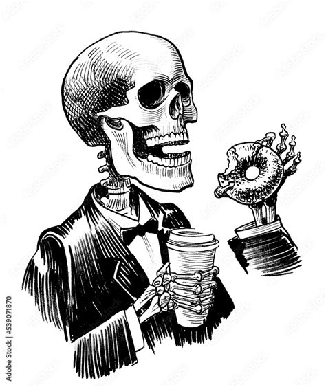 Human Skeleton Drinking Coffee And Eating Doughnut Ink Black And White