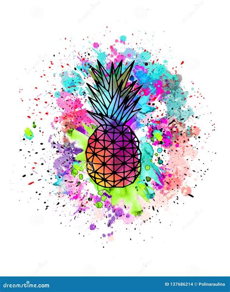 Watercolor Drawing Of Pineapple With Colorful Splashes Of Paint Stock