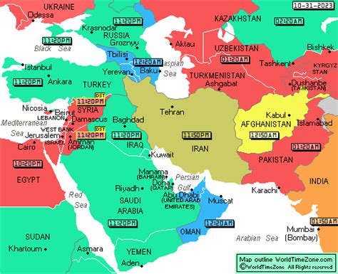 Middle East and West Asia time zones map with current local time 12 ...