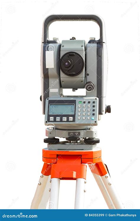 Survey Equipment Theodolite On A Tripod Isolated On White Background