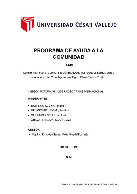 Proyecto Tutoria VI Grupo 5 PROGRAMA DE AYUDA A LA COMUNIDAD TEMA