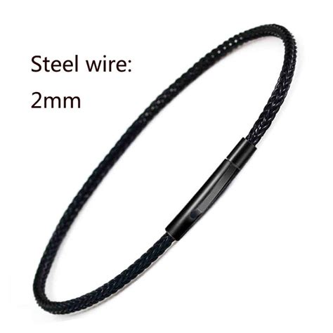 2mm 3mm Black Wrap Leather Braided Bracelet Steel Wire Bracelet Men Bangles Chain Link Male