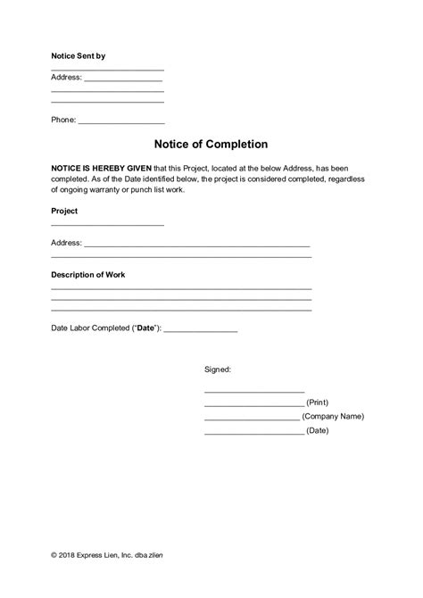 Sample Notice Of Completion General Form Free Template Completion Of