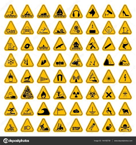 Warning Hazard Triangle Signs Set Vector Illustration Yellow Symbols