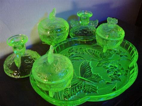 Art Deco Sowerby Uranium Glass Dressing Table Set Butterfly Etsy