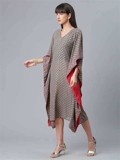 Ahalyaa Women Grey And Golden Ethnic Motifs Printed Flared Sleeves Kaftan