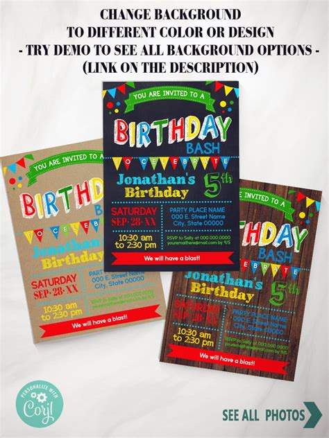 Birthday Bash Invitation Primary Colors Children Chalkboard Etsy