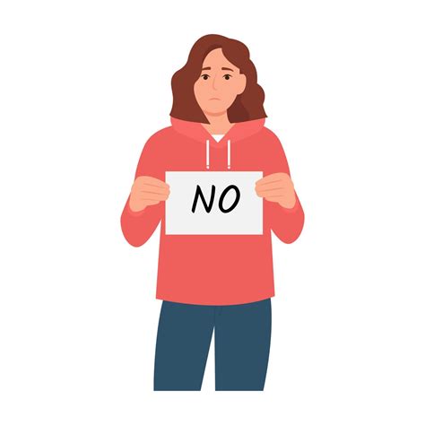 Girl holding a sign that says No. Woman expressing rejection. Flat