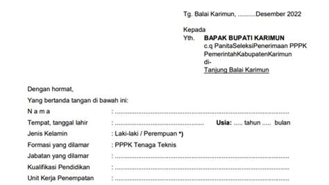 Contoh Surat Lamaran Pppk Tenaga Teknis Pemkab Karimun 2022 1