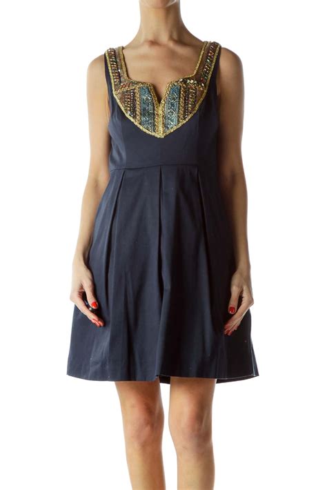 Moulinette Soeurs Navy Embellished Flare Dress Cotton Spandex Silkroll