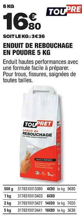 Promo Enduit De Rebouchage En Poudre Kg Toupret Chez Brico D P T