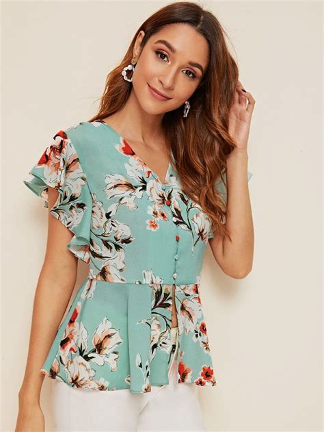 Floral Print Butterfly Sleeve Ruffle Hem Blouse Shein Looks Sociais