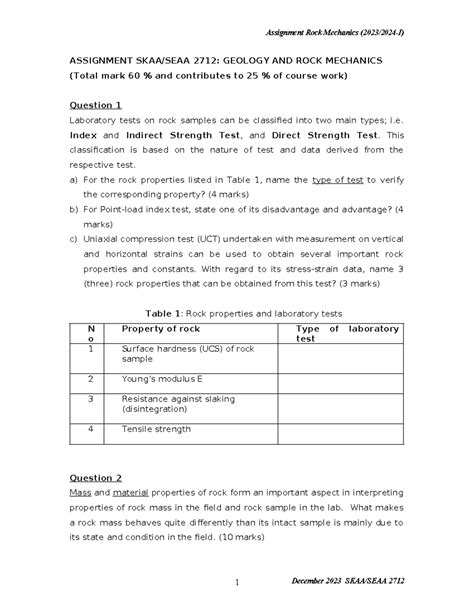 Assignment Rock Mech ASSIGNMENT SKAA SEAA 2712 GEOLOGY AND ROCK