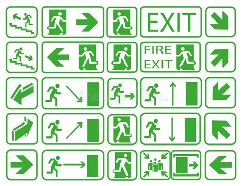 Set Of Emergency Exit And Fire Exit Signs Assembly Point In Case Of