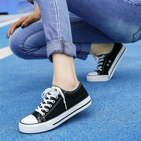 Womens Vulcanize Shoes Classic Canvas Shoes Ladies Casual Low Cut Lace