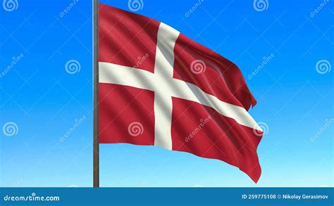 Flag Of Denmark Waving In The Wind On Flagpole Against The Sky D