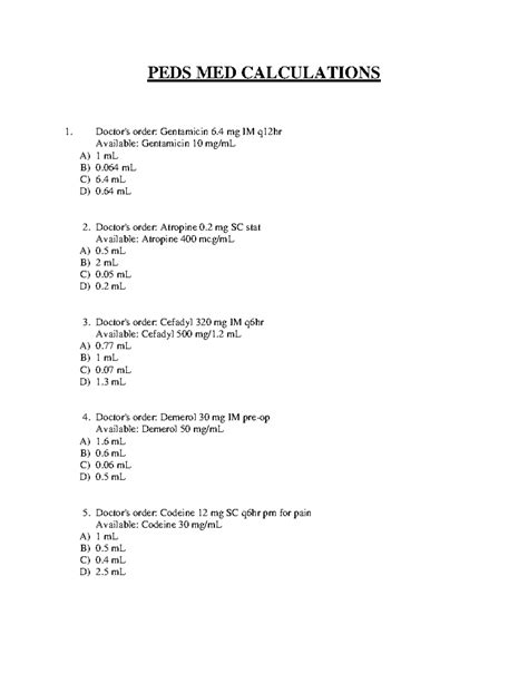 Peds Math Packet Lu 60 Items Medication Practice Peds Med Calculations Doctor S Order