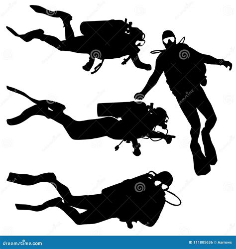 Black Set Silhouette Scuba Divers On A White Background Stock Vector