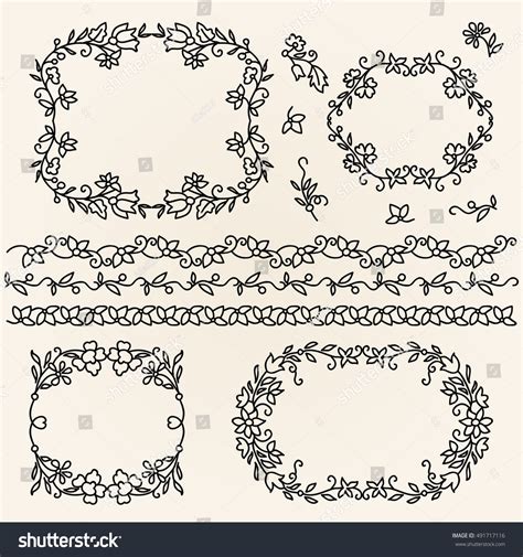 Set Hand Drawn Wreaths Romantic Floral Stock Vector Royalty Free