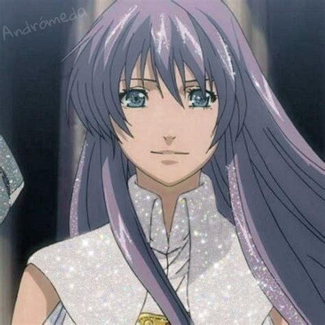 An Anime Character With Long Purple Hair Wearing A White Shirt And Gold