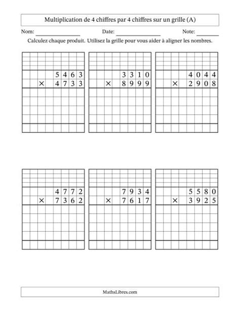 Multiplication à 4 chiffres par 4 chiffres avec le support d une grille