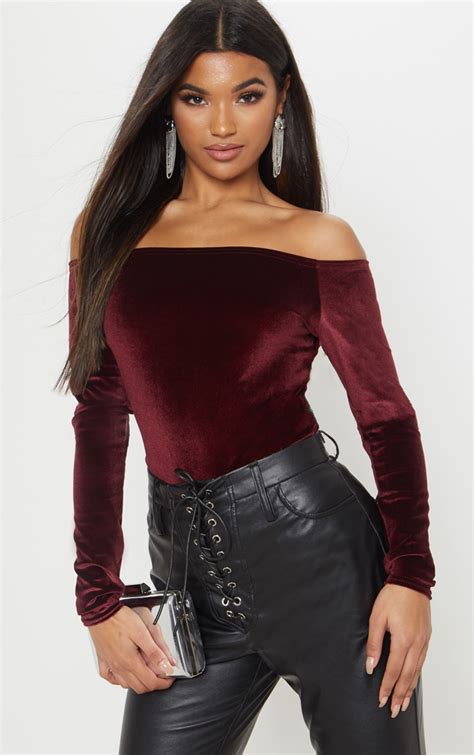 Burgundy Velvet Bardot Bodysuit Tops Prettylittlething Usa