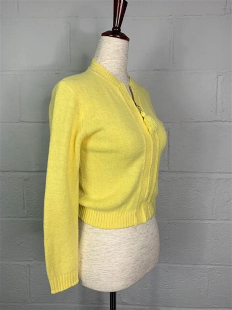 Vintage Lemon Yellow Zip Up Cardigan With Pom Pom Size Xs Etsy