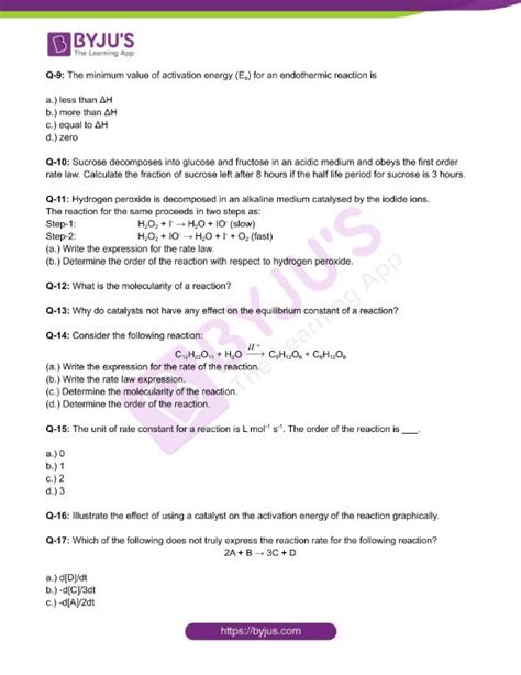 Class 12 Chemistry Worksheet On Chapter 4 Chemical Kinetics Set 3