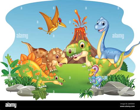 Cartoon Happy Dinosaurs In The Jungle Stock Vector Image Art Alamy