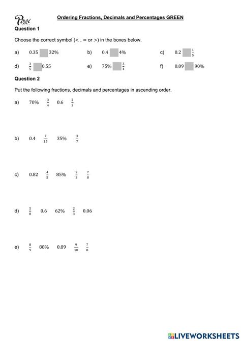 Ordering And Comparing Fractions Decimals And Percentages Worksheets Library