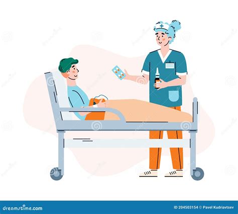 Vector Illustration Of A Doctor Taking Care Of Patient Lying On A