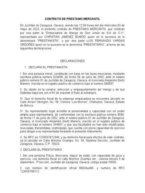 Contrato De Prestamo Mercantil Pdf