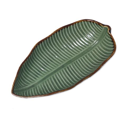 UNICEF Market Ceramic Banana Leaf Serving Bowl From Bali 11 Inch