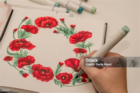 Hand Drawing A Red Poppy Wreath Sketch In A Sketchbook With Alcohol