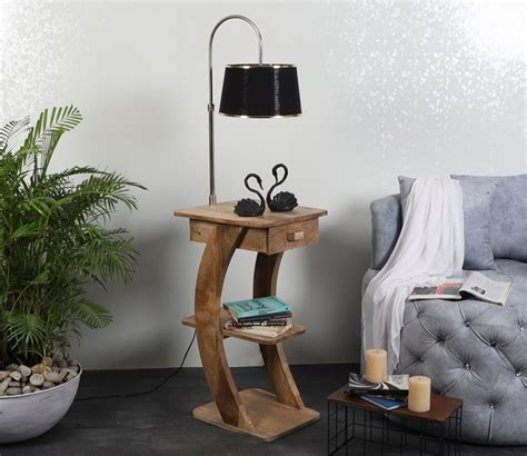 Buy Gabrielle Fabric Shade Shelf Floor Lamp With Wood Base Black At