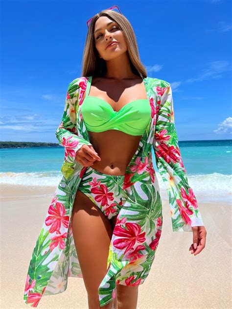 Shein Swim Vcay Tropical Print Push Up Bikini Swimsuit With Kimono