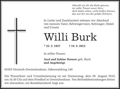 Traueranzeigen Von Willi Burk Trauer Op Online De