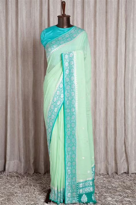 Buy Mint Green Zari Woven Banarasi Georgette Saree Online Samyakk