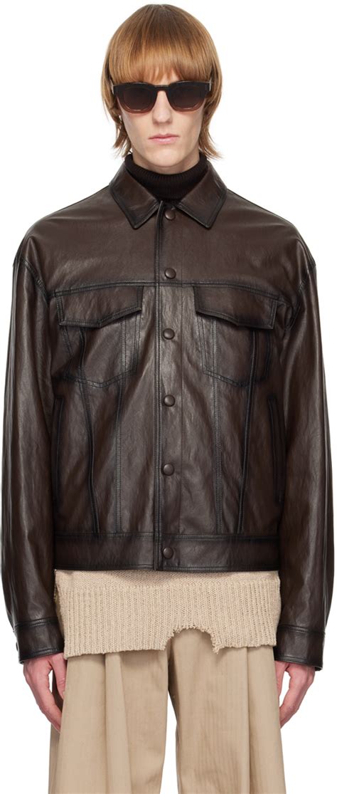 System Blouson brun en cuir synthétique à col classique SSENSE France