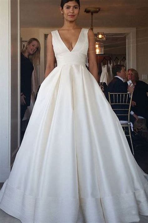 Elegant V Neck Ball Gown Ivory Satin Backless Pockets Wedding Dresses