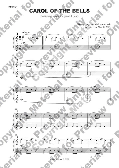 Carol Of The Bells For Piano Duet 4 Hands By Mykola Leontovich 1 Piano 4 Hands Digital