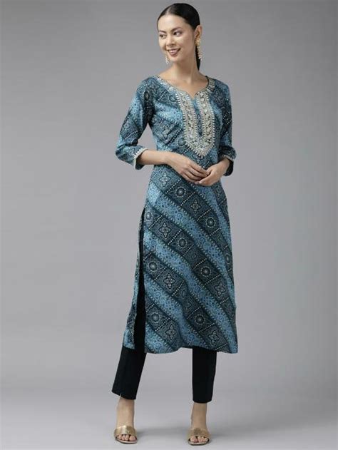 Buy Yufta Women Blue Bandhani Printed Regular Gotta Patti Kurta Online