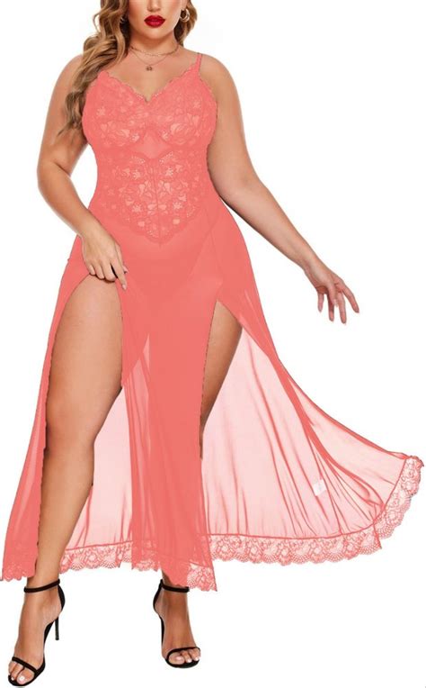 Polyester Plus Size Women Sexy Nightdress Maxi Lingerie Lace Babydoll