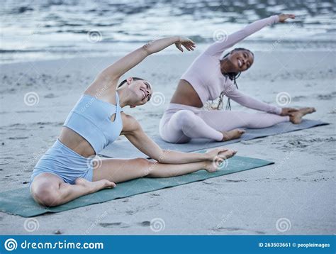 Women Friends Beach Yoga And Stretching For Smile Happiness Or