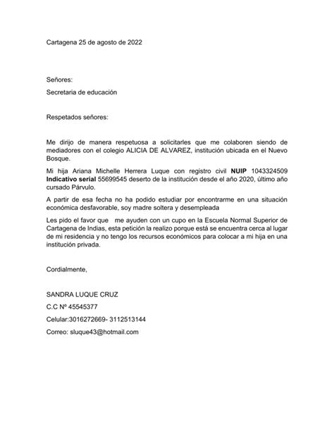 Carta A La Secretaria De Educaci N