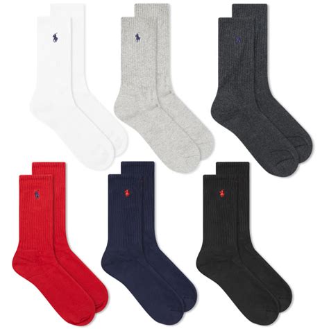 Polo Ralph Lauren Cotton Crew Sock 6 Pack Black Red Navy And Charcoal End Uk