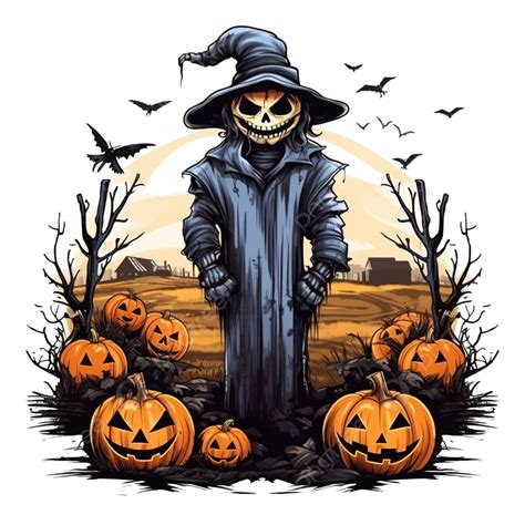 Scarecrow Pumpkin With Graveyard For Halloween T Shirt Scythe