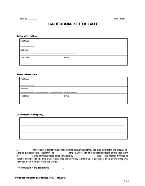 Free California Bill Of Sale Forms PDF Word