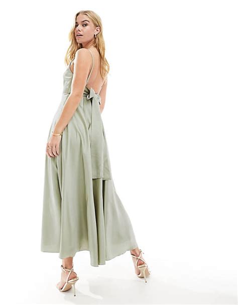 Asos Design Bridesmaid Satin Midi Dress With Tie Back In Sage Green Asos